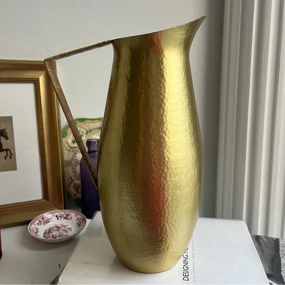 Anthropologie Hearthside Hammered Brass Tone Rattan Handle Pitcher Jug - Picture 5 of 10